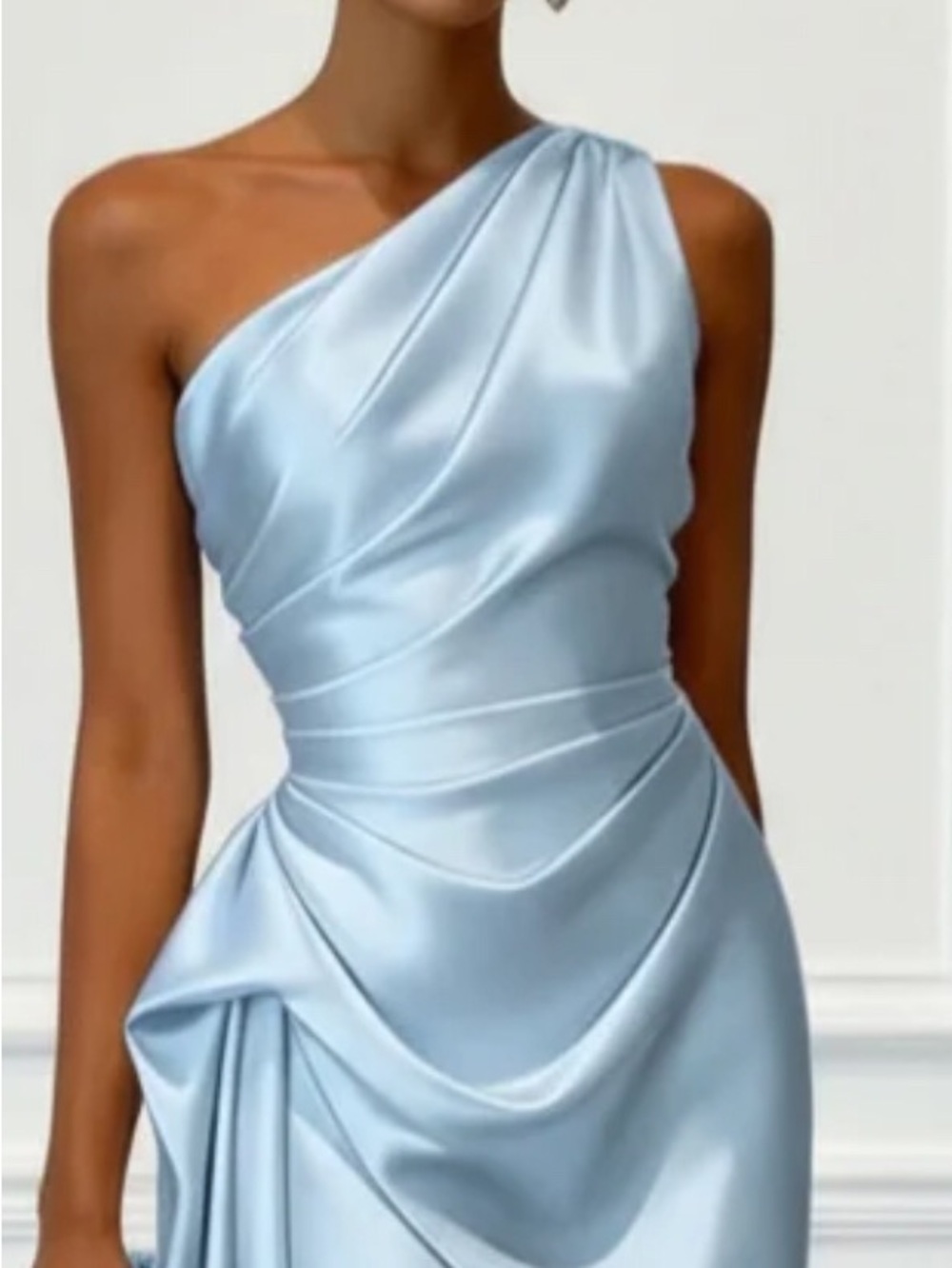 Asymmetric One-Shoulder Satin Dress in Light Blue